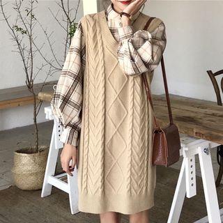 Long-sleeve Plaid Shirt / Sleeveless Cable Knit Mini Dress