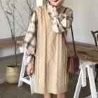 Long-sleeve Plaid Shirt / Sleeveless Cable Knit Mini Dress