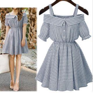 Plaid Off Shoulder Short Sleeve A-line Dress