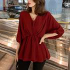 Shirred-front Elbow-sleeve Blouse