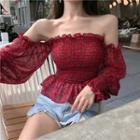 Off-shoulder Shirred Chiffon Long-sleeve Top Red - One Size
