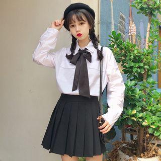 Long-sleeve Tie-neck Shirt / Pleated A-line Skirt