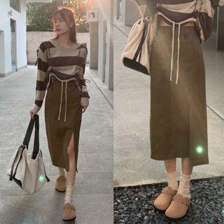 Striped Drawstring Sweater / Slit Midi Pencil Skirt