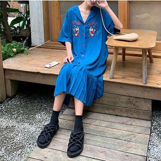Elbow-sleeve Embroidered Pleated Dress
