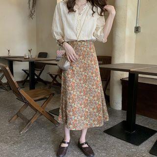 Short-sleeve V-neck Blouse / Floral Print Midi Skirt