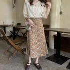 Short-sleeve V-neck Blouse / Floral Print Midi Skirt