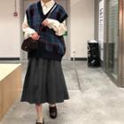 Long-sleeve Mini A-line Dress / V-neck Plaid Knit Vest