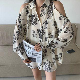 Cold-shoulder Floral Print Blouse 1033 - Blouse - White - One Size