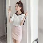 Set: Short-sleeve Bow-accent Panel Top + Pencil Skirt / Top