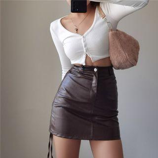 Drawstring Faux-leather Mini Skirt