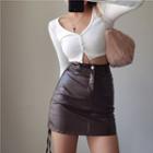 Drawstring Faux-leather Mini Skirt