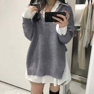 Set: Long-sleeve Plain Shirt + V-neck Cropped Sweater