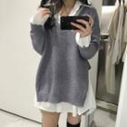 Set: Long-sleeve Plain Shirt + V-neck Cropped Sweater