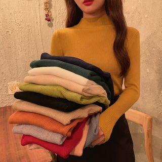Long-sleeve Mock-neck Plain Knit Top