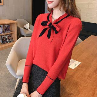 Tie-neck Contrast Trim Sweater