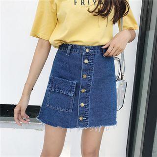 Pocketed Buttoned A-line Denim Skirt