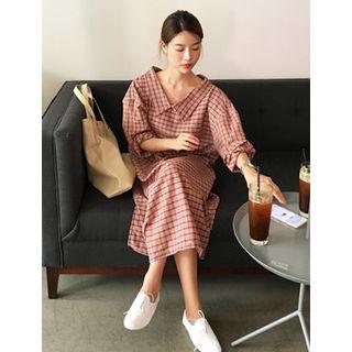 Collared Plaid Midi Shift Dress