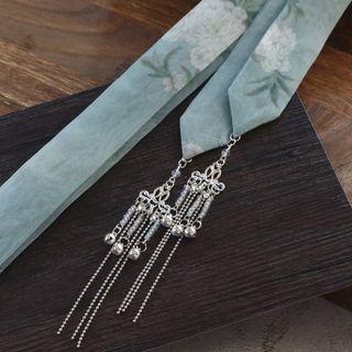 Flower Print Tassel Hair Tie Grayish Blue - One Size