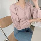 Open-placket Balloon-sleeve Shirred Blouse Light Pink - One Size