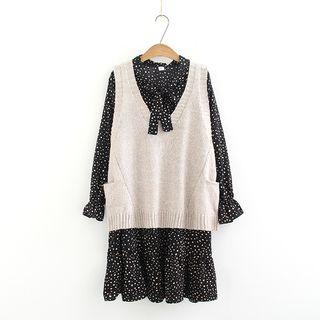 Set: Long-sleeve Dotted Dress + Knit Vest