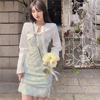 Set: Cropped Jacket + Spaghetti-strap Lace Mini A-line Dress