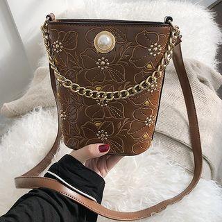 Floral Embroidered Faux Leather Bucket Bag
