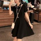 Short-sleeve Contrast Trim Faux Pearl A-line Mini Dress