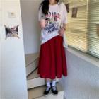 Cartoon Print Short-sleeve T-shirt / Plain Midi A-line Skirt
