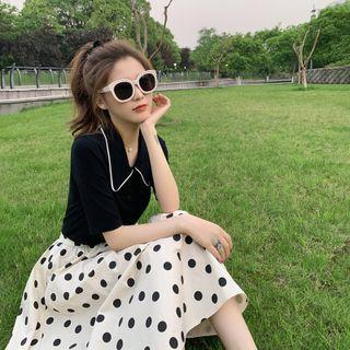Set: Short-sleeve Collared T-shirt + Dotted Midi A-line Skirt