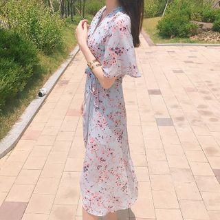 Floral Print Short-sleeve Chiffon Wrap Dress