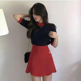 Set: Short-sleeve Sweater + Mini Skirt