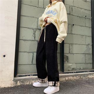 Plaid Trim Wide Leg Corduroy Pants
