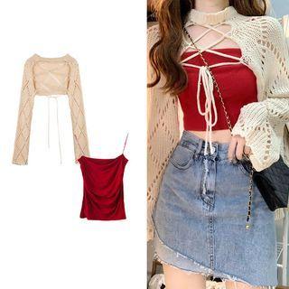 Lace-up Knit Crop Top / Camisole Top / Denim Mini A-line Skirt / Set