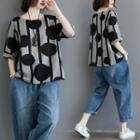Dotted Striped Elbow-sleeve T-shirt As Shown In Figure - One Size