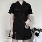 Set: Double-breasted Short-sleeve Mini Collared Dress + One-shoulder Body Harness