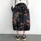 Leaf Print Midi A-line Denim Skirt Black - One Size