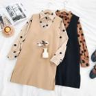 Set:polka Dot Corduroy Long-sleeve Blouse + Plain Sleeveless Dress