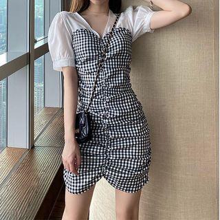 Short Sleeve Panel Check Ruched Sheath Dress