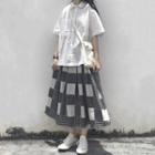 Elbow-sleeve Shirt / Pattern Paneled A-line Midi Skirt