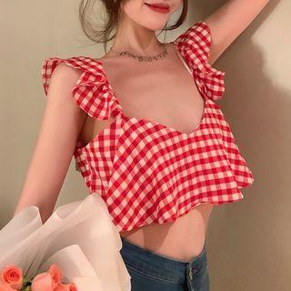 Gingham Ruffle Trim Cropped Camisole Top