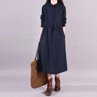 Plain Long-sleeve Drawstring-waist Midi Shirtdress