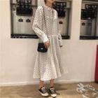 Slit Knit Vest / Long-sleeve Dotted Midi A-line Dress