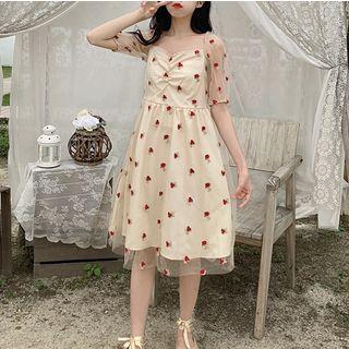 Floral Embroidered Short-sleeve A-line Mesh Dress