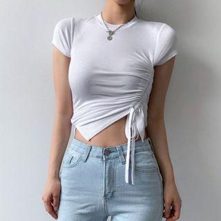 Cap-sleeve Drawstring Crop Top
