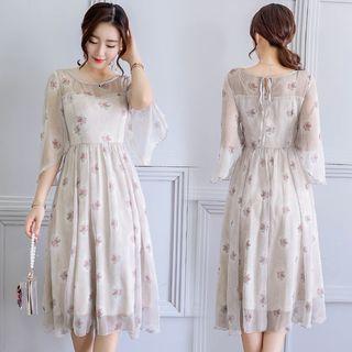 Short-sleeve Floral Print Tie-waist Crewneck Chiffon A-line Sheath Dress