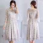 Short-sleeve Floral Print Tie-waist Crewneck Chiffon A-line Sheath Dress