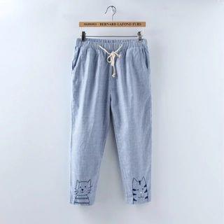 Cat Embroidery Striped Pants