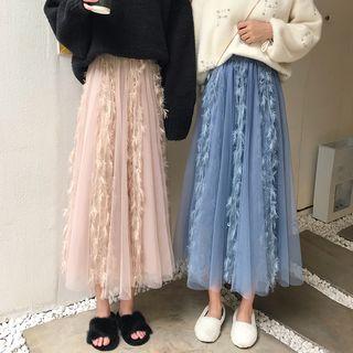 Feather-accent Midi A-line Skirt