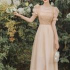 Square-neck Two Tone Dotted Pleated A-line Dress