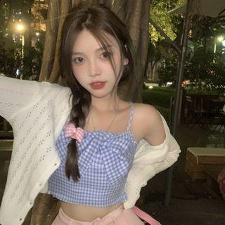 Ribbon Gingham Camisole Top / Cardigan